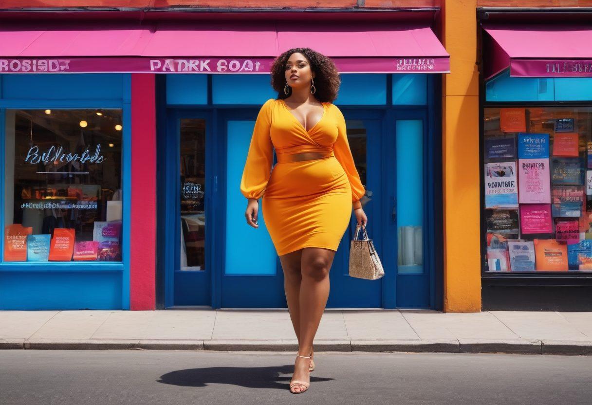 A fashionable woman confidently strutting down a vibrant city street, showcasing her big curves in a stylish outfit. Surround her with playful hints of celebrity gossip magazines floating around, with colorful text bubbles highlighting positive messages about body confidence. The background should include chic boutique storefronts and a bright blue sky. Emphasize lively colors and an empowering, energetic atmosphere. super-realistic. vibrant colors. urban setting.