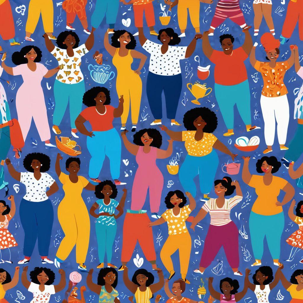 A whimsical cartoon-style illustration depicting diverse characters of various body shapes and sizes, joyfully engaged in humorous activities like dancing, cooking, and exercising together. Incorporate elements of vibrant colors and playful patterns that represent positivity and acceptance, with a backdrop of uplifting slogans about body positivity. Include social media icons to emphasize viral trends. cartoon art. vibrant colors.