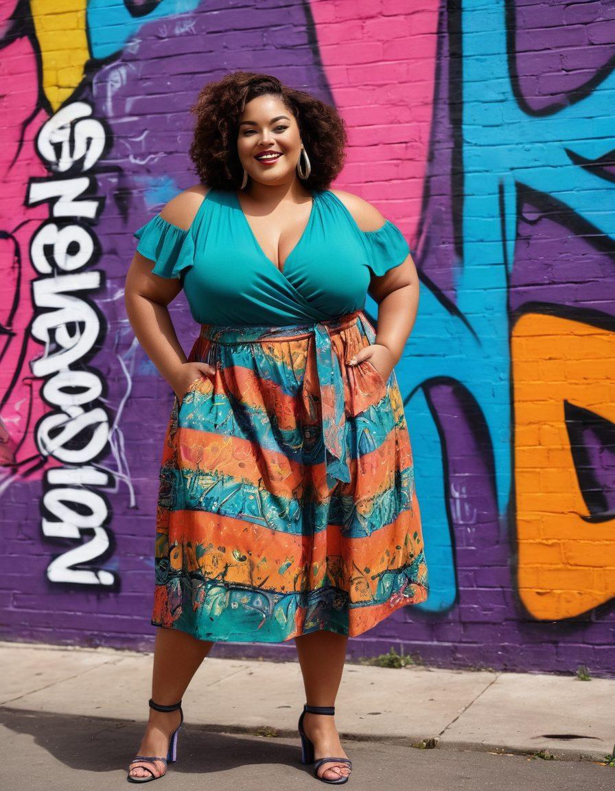 A confident plus-size model, named Judy, showcasing a stylish outfit that emphasizes body positivity, standing in front of a colorful graffiti wall. She radiates joy and empowerment, surrounded by diverse friends joining her in celebration. Bold typography in the background displays the words 'Embrace Your Curves' in a playful font. Brightly colored accessories and vibrant patterns enhance the overall uplifting vibe. vibrant colors. street art style. super-realistic.
